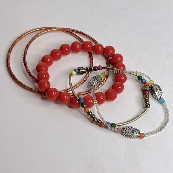 Orange Warm Tone Bundle Stack of Assorted Bracelets beaded/stretch statement set - Picture 2 of 5